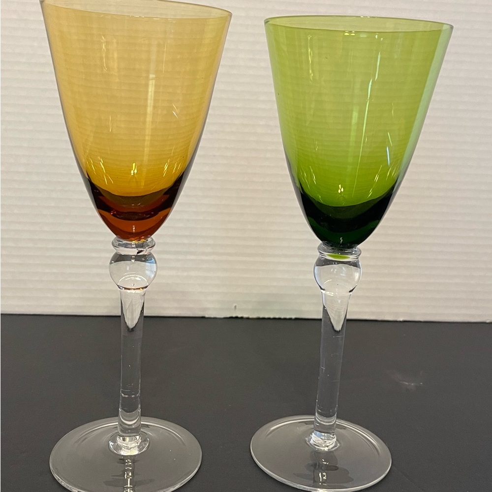 Stunning Vintage Jewel Toned Wine Glasses w/Clear Ball Stem Set of 2-Green/Amber